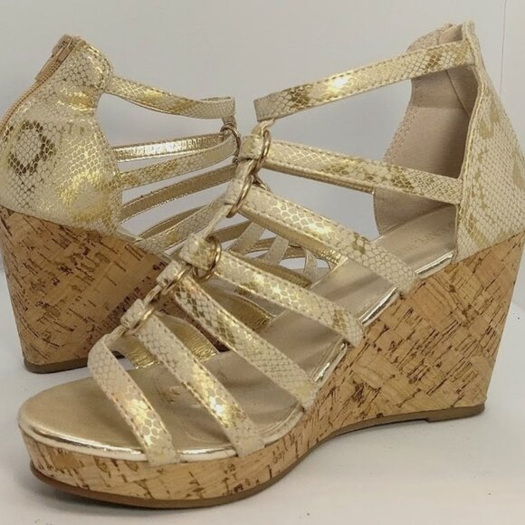 Gold Snakeskin Wedge Sandals - Picture 1 of 3